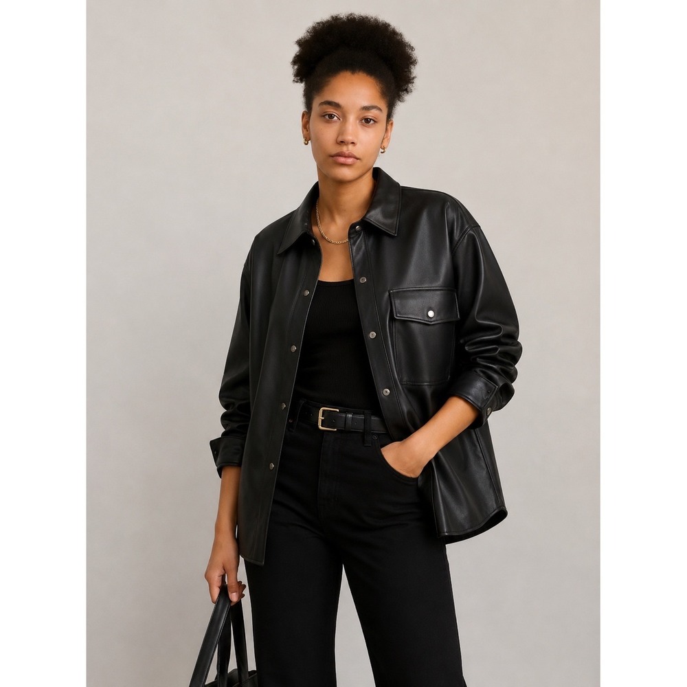 Zara Black Vegan Leather Oversized Shacket Jacket Minimalist Chic  Size XL